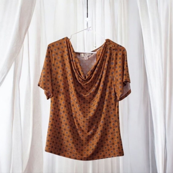 Michael Kors Mustard Yellow Geometric Patterned Cowl Neck Blouse Size Large - Picture 1 of 11